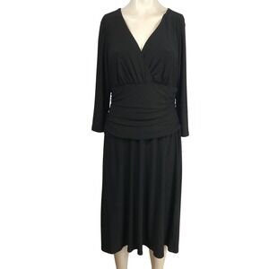 Nine West Black V Neck Long Sleeve Ruched Midi Dress Size 12